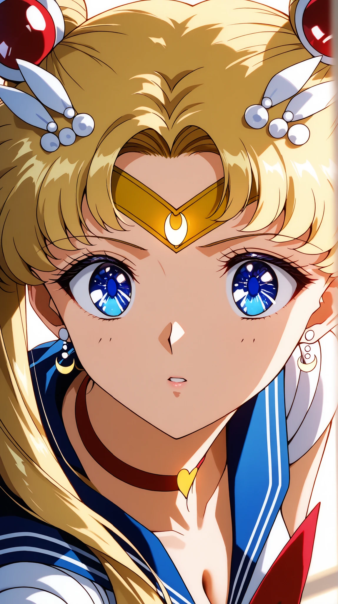 masterpiece, best quality, great quality, very aesthetic, high resolution, ultra detailed, Absard Dress, newest, 1 female, solo, sailor moon, (sailor moon costumes), chest, Butt, Thighs, deep, forward leaning posture, Watch Viewers, parted lips, golden hair, (mottled sunlight:1.2), rimlight, Dutch angle, portrait taken by Kanomi, face focus, head focus, close-up, emphasizes high quality fabrics, lips, close photorealistic details, detailed eyes, detail hair , detailed face, depth of field, volumetric lighting,score_9, score_8_up, score_7_up, score_6_up, score_5_up, score_4_up, digital illustration , anime style 、masterpiece, best quality, great quality, high resolution, very aesthetic, high resolution, Super Detail, Perfect Details, official art