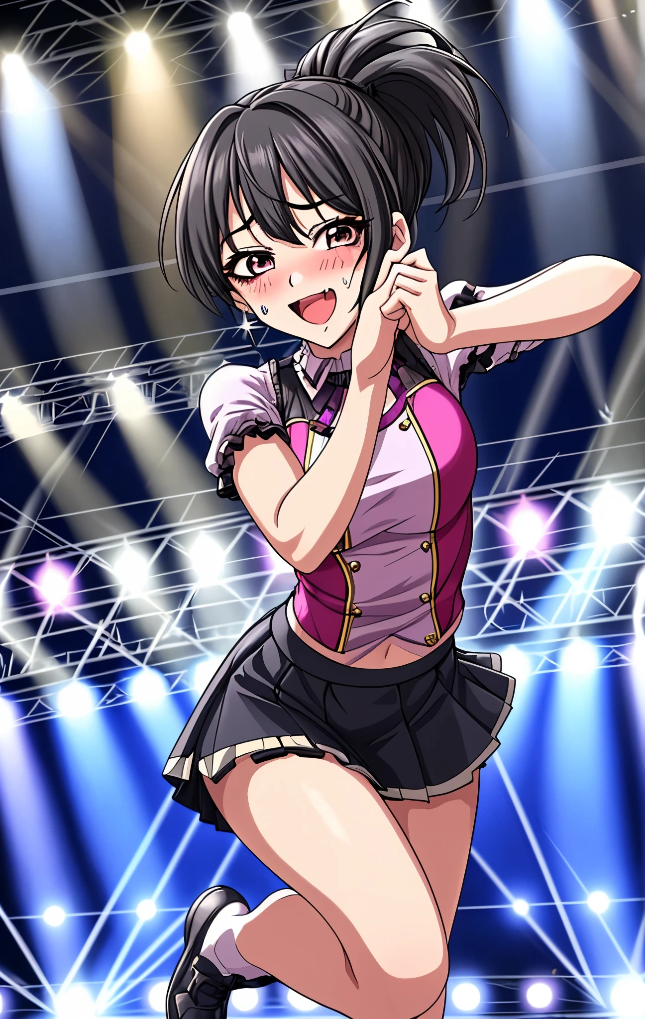 45 age 、mature women、black hair、ponytail、Full body painting、 cute idol costume 、Wearing a short-sleeved miniskirt、Hair tied up、Dark Eyes、I'm sweating a lot、My face is sweaty 、My arms and legs are sweaty、is blushing、 very embarrassing pose 、 Very Embarrassing Smile 、open your mouth、Flip over a very short skirt、panties、Image viewed from the bottom of the front、singing on stage、idol group dancing with both hands smiles、