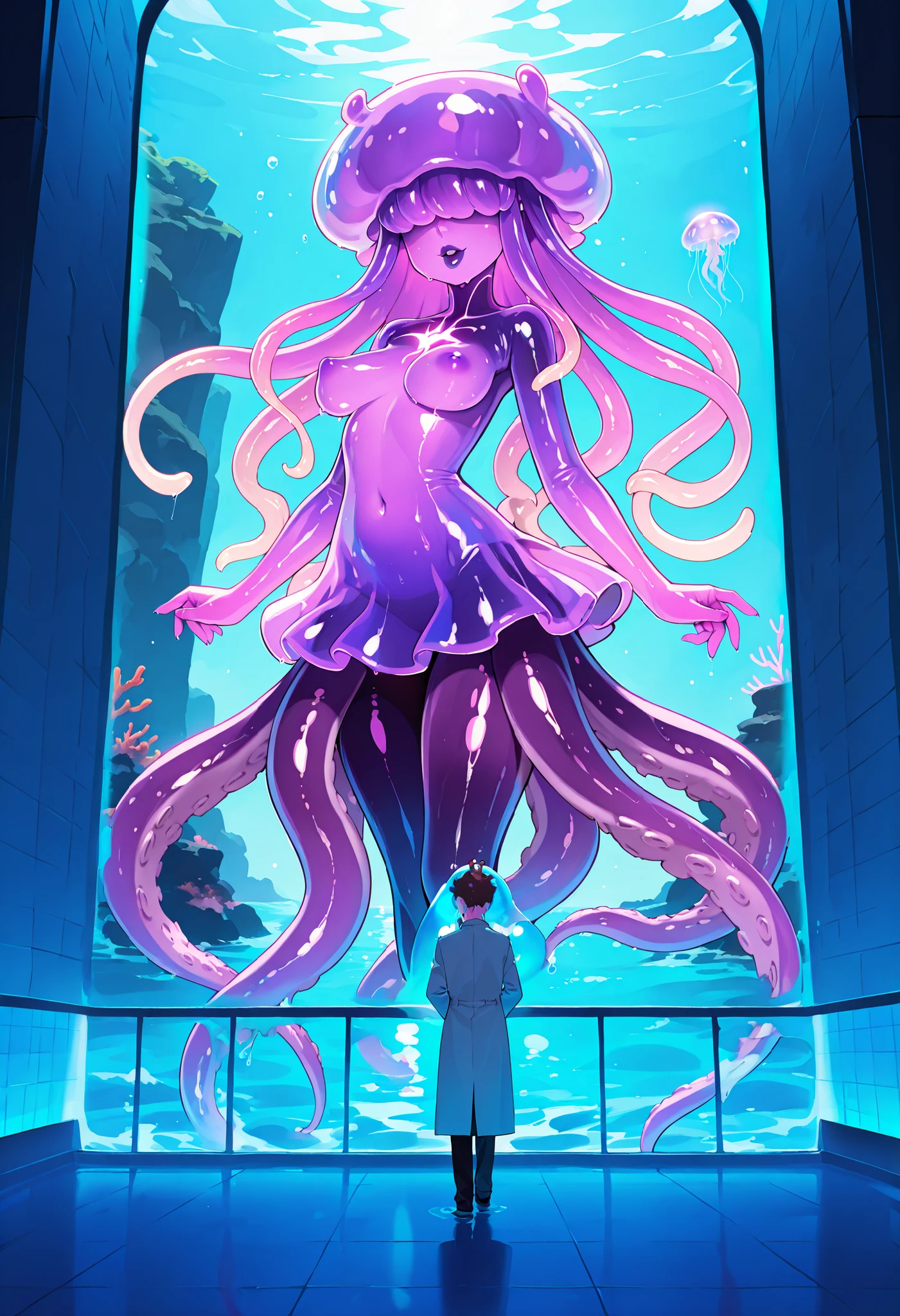 Humanoid jellyfish girl. Transparent body. Slime body. Purple image color. Hiding eyes. Coral reef on head. Sharp rock on head. Purple lips. Biological luminescence. Perky breasts. A glowing core in her chest. Fluttering. Tentacles. Tentacle legs. A mouth on her head. A monster's mouth. Floating in water. Girl in a culture tank. Girl with tentacles. Great Old One girl. Big girl.