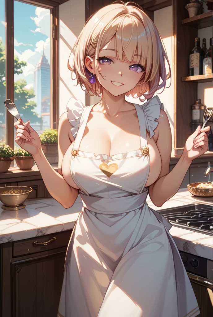 (masterpiece,best quality,ultra detailed) 、nsfw、arms behind head、naked apron、1girl、braided bangs、purple eyes、light blond hair、heart shaped pupils、lkitchen