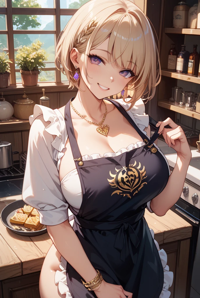 (dynamic angle:1.3, front view:1.1, breast focus:1.3, from above:1.1), (dynamic posing:1.2, sexy posing:1.2), (seductive smiling:1.3), ((looking at cake,Taking a cake out of the golden oven, worried about the outcome:1.2)),highest quality、(real、photorealistic:1.4),(ultra high resolution, 8K RAW photo, clear focus), best qualtiy, natural lighting, field depth, (Bright pupils, detailed beautiful eyes, high detailed face), Red lip, (tight focus:1.2), a girl 22yo old, Wearing a pastry chef uniform:1.3 , Thicc, thin breast, long hair, blue eyes,garter stocking, cleavage:1.2, midriff, black shorts, black thighhighs, thigh strap, pretty girl, (highly detailed beautiful face and eyes,firm breasts),real skin,((black,hair,long pony tail hair)),thin pubic hair,cute,lovely, detailed eyes,(double breasted:1.0,under bust:1.0),(with sparkling eyes and a contagious smile),open mouth, Looking at Viewer,A scene of cooking in the kitchen,looking at the golden oven