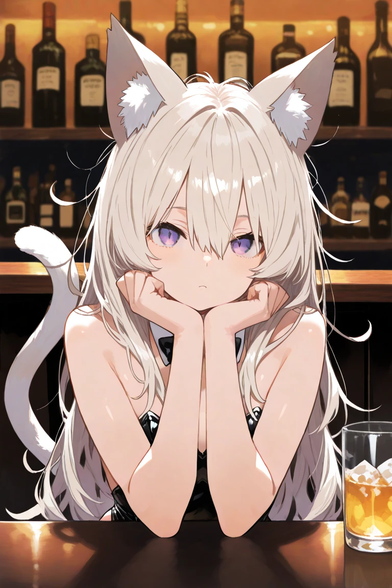 alone, score_9,score_8_up,score_7_up, anthro female eevee, white dress, sleeveless, strapless, bar, sitting, drinking a bottle, drunk.