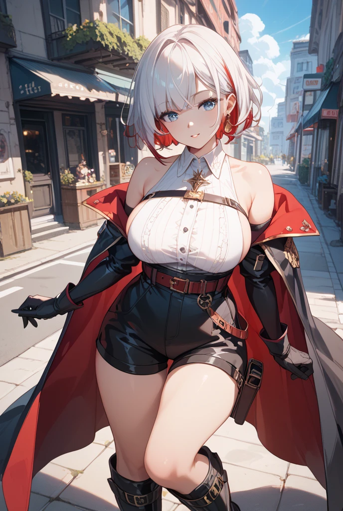 Hentai、High resolution、smile、gothic fantasy、Streetscape of Early Modern Europe、A busty, voluptuous gal in a grey long coat with a collar up patrols the city streets late at night.、bloodborne、Perfect proportions、Cowboy Shot、Fatty thick legs、Sweaty、Clear eyes
