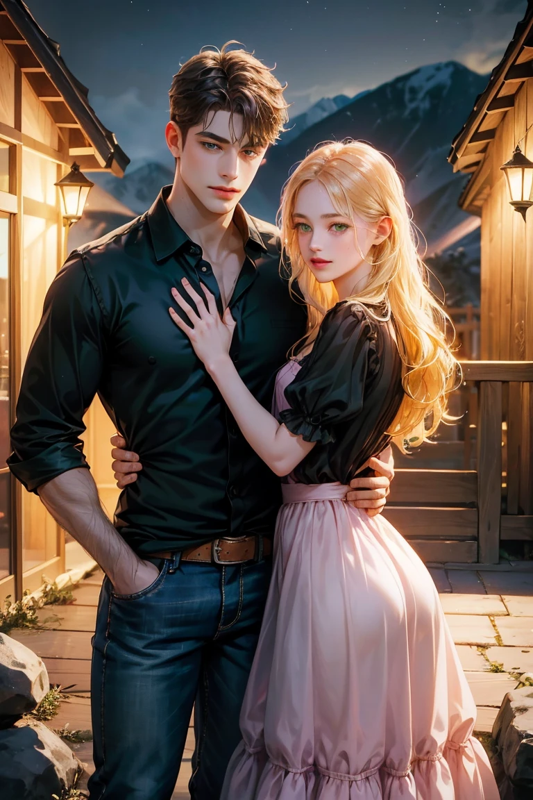 (masterpiece), (5K), (best quality), 2d Couple, ((a young gray hair couple)), ((a gray long hair woman , vivid eyes, small boobs, red dress)), brown eyes, ultra well detailed eyes, ((a gray hair guy, wearing a prince cloth, royal clothes)), beautiful couple pose, (summer night walk)