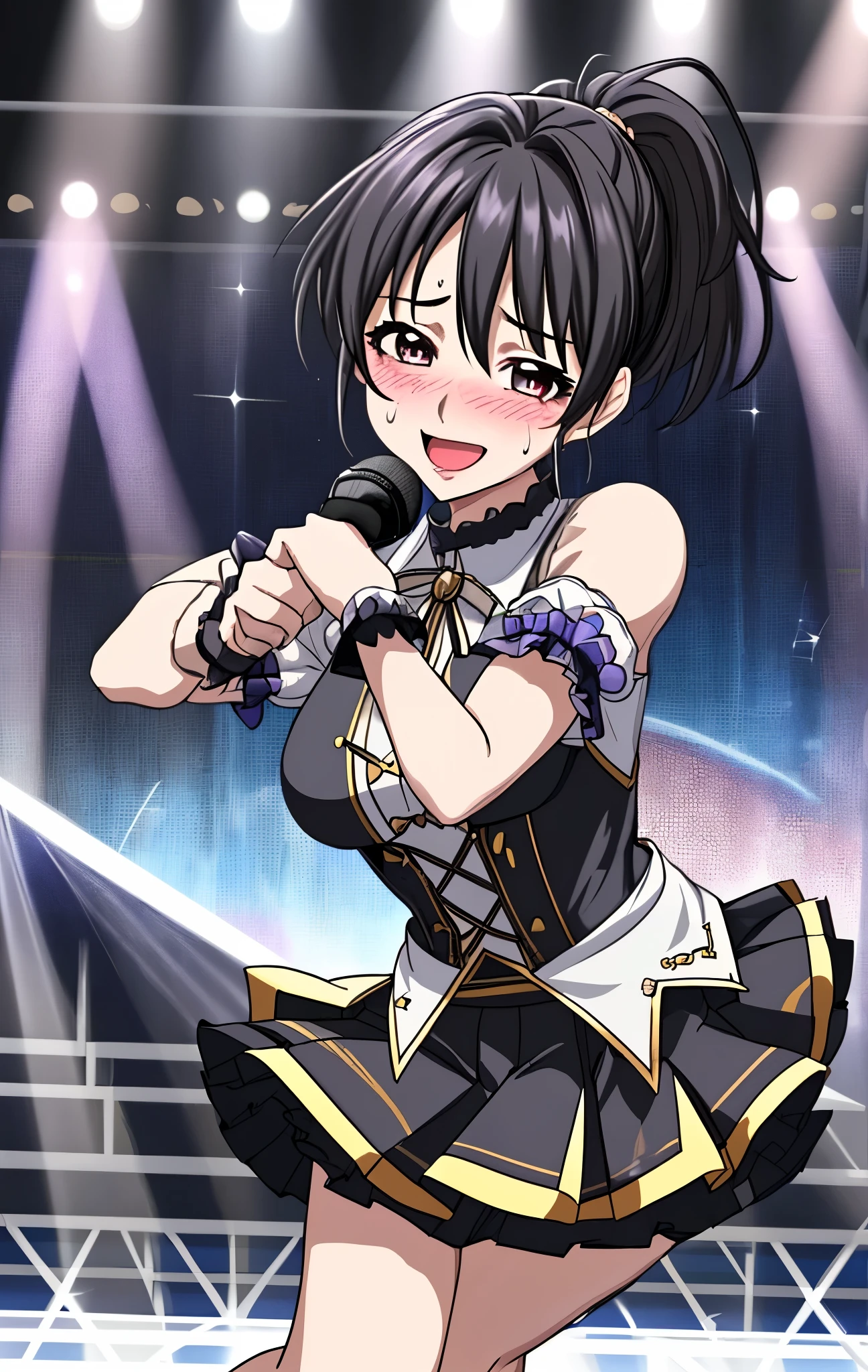 45 age 、mature women、black hair、ponytail、Full body painting、 cute idol costume 、Wearing a short-sleeved miniskirt、Hair tied up、Dark Eyes、I'm sweating a lot、My face is sweaty 、My arms and legs are sweaty、is blushing、 very embarrassing pose 、 Very Embarrassing Smile 、open your mouth、Flip over a very short skirt、panties、Image viewed from the bottom of the front、singing on stage、idol group dancing with both hands smiles、