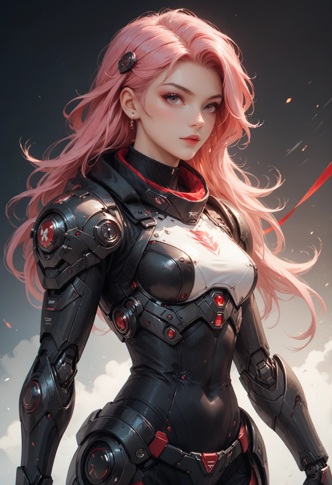 Create an illustration of a futuristic warrior character. The character features a sleek, high-tech armor design with a predominant color scheme of black and red. They have short, spiky pink hair and a face partially obscured by a high collar or mask. The character stands confidently, one fist raised, with a stylized robotic aesthetic that includes angular shapes and visible mechanical elements. A flowing red ribbon trails behind them, adding a dynamic sense of movement. The background should be minimalistic and dark, enhancing the focus on the character