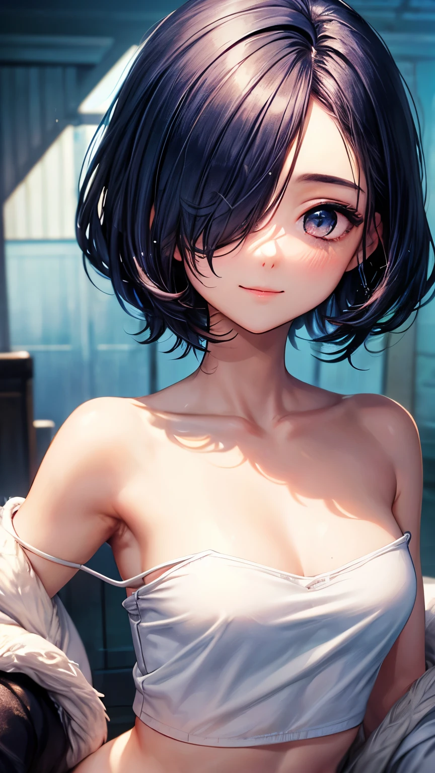 beautiful girl, Navy Blue Hair, Blue eyes, White underwear、White lace、Big Breasts、super close range、Blue Necklace、Blue earrings、head band、short hair