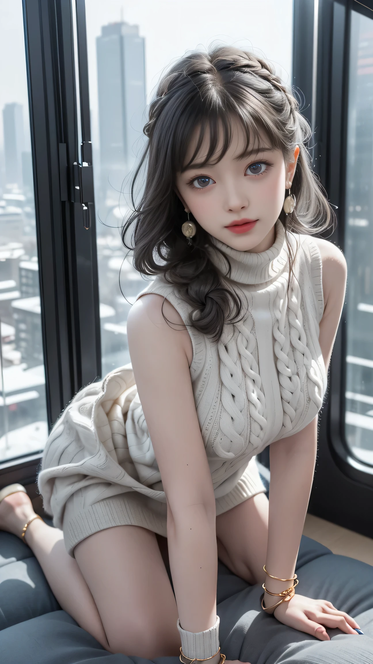 ( masterpiece, precise, Anatomically_correct, Texture_skin, excellent_detail, the best_quality, 1080P, HD, 4K, 8K, 16K), (beautiful_detailed_Eyes, beautiful_detailed_Lips, extremely_detailed_Eyes_and_Face), Soft_light, Physically based_Rendering, vivid_color, (Large target_breast:1.5), (short hair_thin braids_Bun hairstyle), (shining_hair, shining_skin, Face红), (Bangs:1.5), Eye_reflection, (Bokeh), 微lol_and_lol, (sleeveless_sweater_knitting:1.5) ,stockings,(sit on the chair,Spread your legs:1.3),See panties, Showing pubic hair。