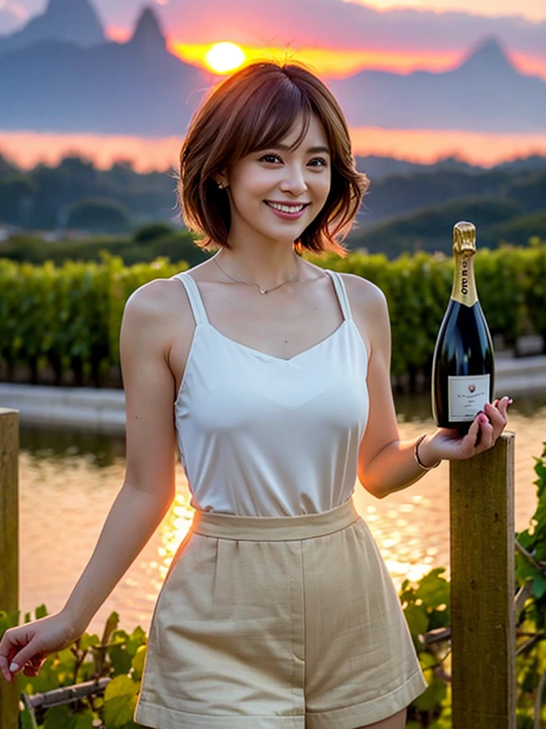((Highest quality、8K、masterpiece:1.3))、1 male、1 female、Couple、spouse、Couple、The body is slim、((Bob Hale、Straight hair:1.2)), (Realistic, Intricate details:1.2), テーブルの上のwine glass、Put the light on your face、 Amazing view of the sunset sky and clouds、Amazing mountain views、A bright smile、The wonderfulness of smile、Bright image、The beauty of wine, Beautiful Face, blue eyes, The light shines on your face, Blushing, short hair,Bright Face、 (Age 37), 39 years old, red wine 、Appetizers、Italian food、Wine bottle、Champagne、sparkling wine、Two beauties、Brown Hair、Shortcuts、Long sleeve shirt、dress、Beautiful woman 1, (slimな顔), (The body is slim), (Brown Hair), (Shortcuts), cheeks turn a little red,Attractive beauty、restaurant, In a prominent place (From the waist up) Nova Frog Style, actress, model, Upper Body, White wine, slim, wine glass, 中央に置かれたwine glass, smile, (smile: 1.15), Beautiful fine grain, Depth f/2,saturation, High Contrast, Strong light and shadow,Moist Body:1.5、3D texture、Delicate eyes、Brown Hair、The hair is very shiny、