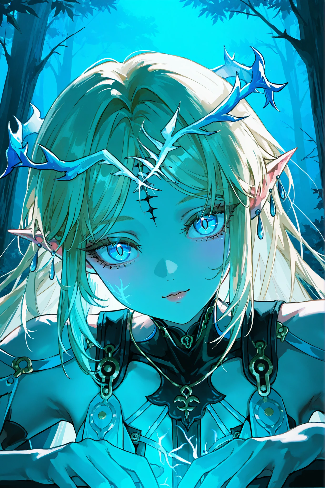 cartethyia из wuthering waves, long blond hair, very big eyes, with her eyes , hands have surprisingly wide patterns, Blue eyes , Glass retina, sharp ears, droplet earrings, Cartethyia Outfit from Wuthering Waves, big plump lips , looks at the viewer, rosy cheeks, turns red , shame , shine, better quality, Glass retina, is in the forest by a tree, trees with blue foliage , blue night light, thin and elegant , slim, emphasis on the eyes, detailed eyes, long lashes,