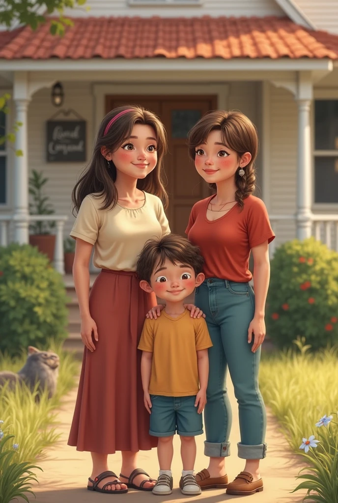 Disney animation in 3d HD Pixar model of a young and modern mother,Always accompanied by your 3--old on traveling scenarios, bem parecidos, mae com cabelo preto longo e liso partido ao meio, pele morena, olhos castanho escuro, and both of them in a white blouse with jeans and the mother wearing a thin gold necklace with a boy doll pendant and seconding a watermelon bag, dark brown haired boy and Jesus hugging us
