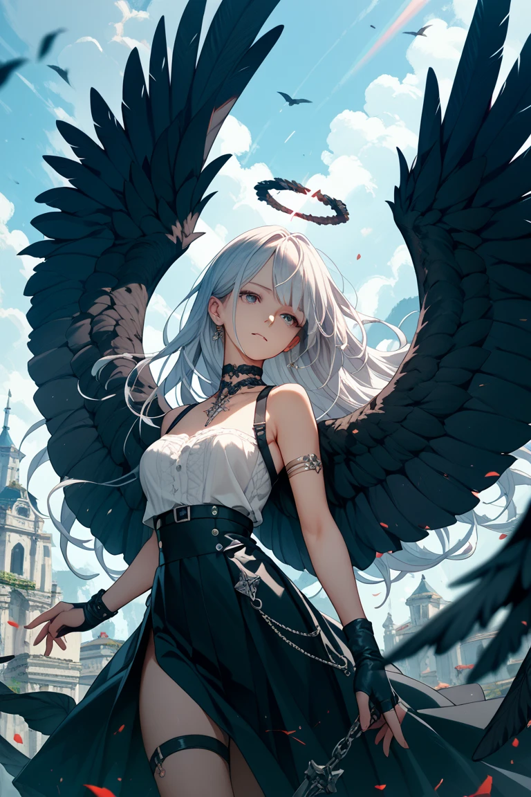 (masutepiece:1.3),(Best quality:1.2),8K,absurderes,unity 8k wallpapper,(Extremely detailed:1.3),highest grade,
1girl in, ,Heterochromia, White hair, Black hair, split theme, Angel,devil,Wings,