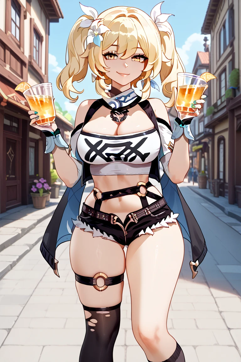 (small breasts:1.2), (perky chest:1.2), (pointed chest:1.2), (Pudding cake magazine cover:1.3),(from below:1.0),(shoot from the side:1.1),masterpiece, 1girl, Amazing Cleavage:1.1, thin waist, optimum,tmasterpiece,hight resolution,best qualtiy,hyper HD,super detailing,awardwinning,a 18yo cute girl,(The upper part of the body),anatomy correct,Beautiful Black miniskirt,garters,Gaze,Small face,bangss,holster,Beautuful Women,hands up,leg holster,Gaze,black boots,Cowboy Shot,cute face,a blond,Longhaire,Twin-tailed,Braids, Hairline,(scarlet eyes),long eyelasher,Hanging eye corners,White skin of the, ((see through camisole:1.1)), ((Sheer nipples:1.0)),Rocket Tits,(Slim body),smile,seductive weak smiling,(with sparkling eyes and a contagious smile),little open mouth, Looking at Viewer,