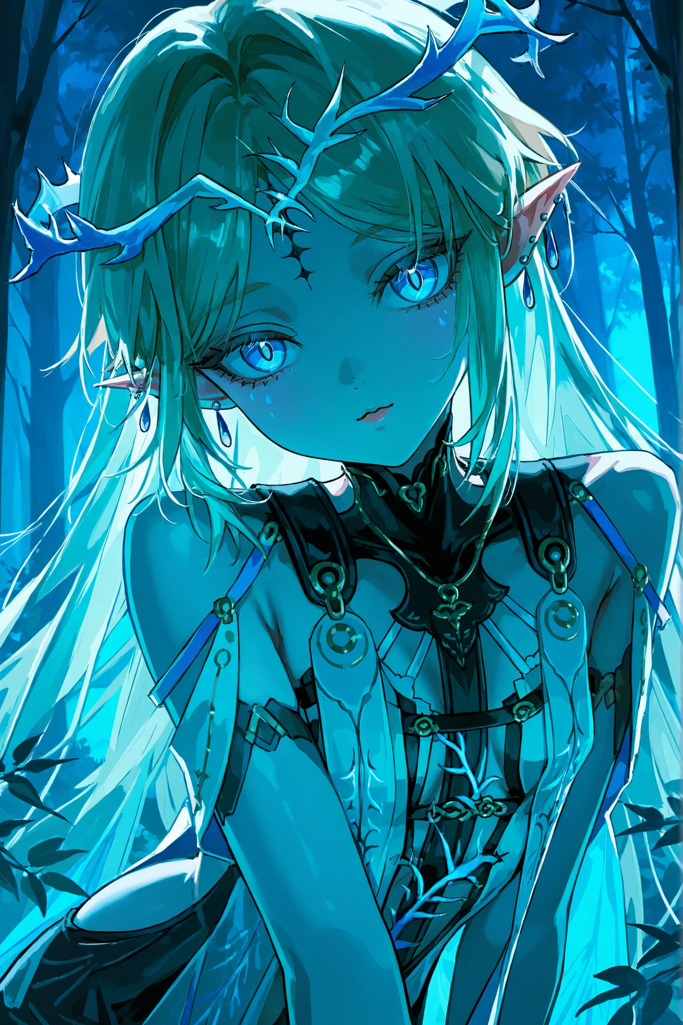 cartethyia из wuthering waves, long blond hair, very big eyes, with her eyes , hands have surprisingly wide patterns, Blue eyes , Glass retina, sharp ears, droplet earrings, Cartethyia Outfit from Wuthering Waves, big plump lips , looks at the viewer, rosy cheeks, turns red , shame , shine, better quality, Glass retina, is in the forest by a tree, trees with blue foliage , blue night lighting in the background, thin and elegant , slim, emphasis on the eyes, detailed eyes, long lashes, bottom view