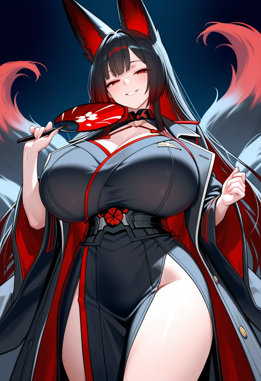 Adult woman, Long black hair, high ponytail, red-eyes, red kimono, open belly, Huge-breasts, open thighs, ssmile, Masterpiece, hiquality
