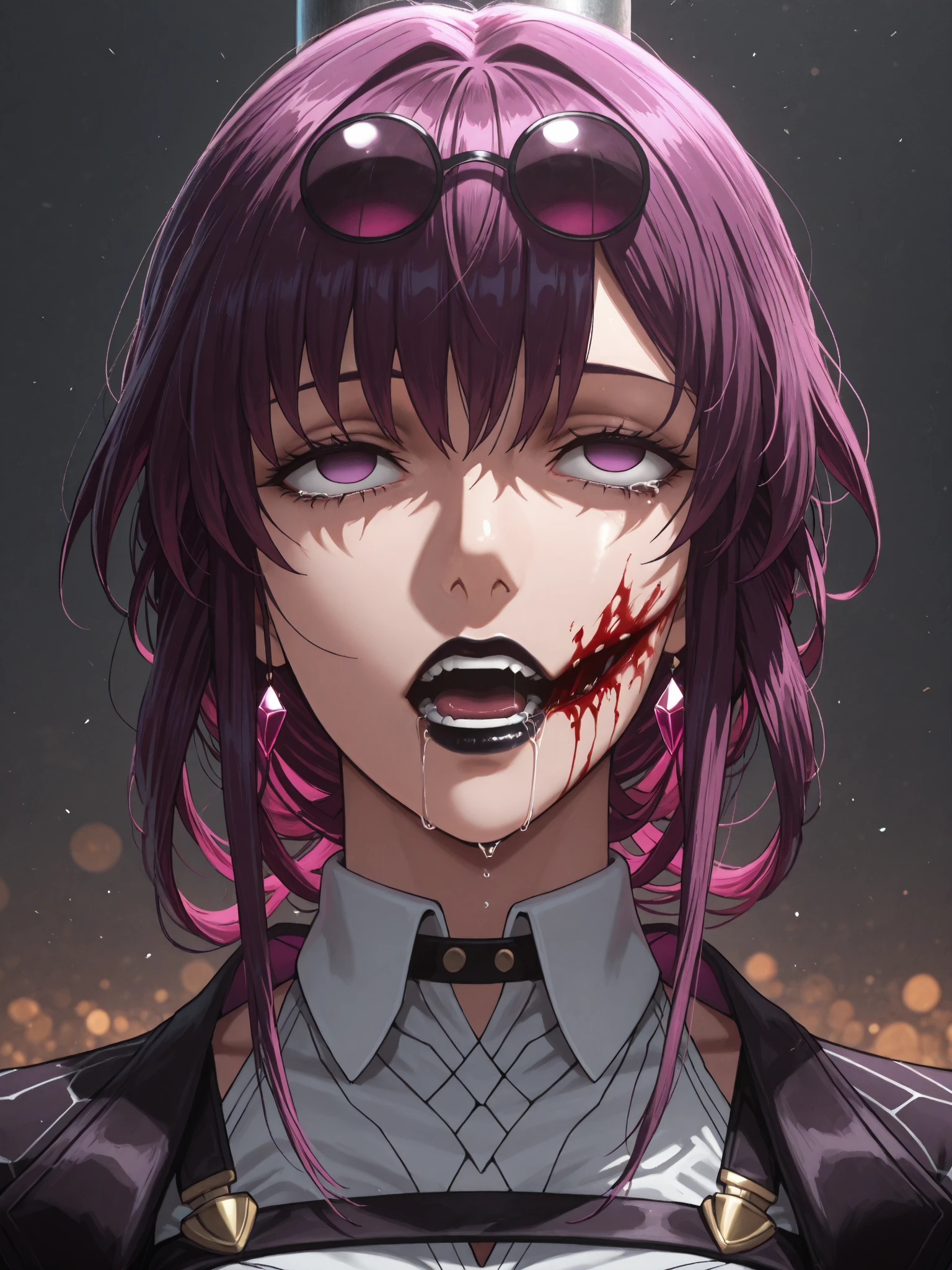 (masterpiece:1.2, best quality), (finely detailed beautiful eyes: 1.2), (detailed background,dark fantasy), (beautiful detailed face), (best illumination, an extremely delicate and beautiful), ((cinematic light)), colorful, hyper detail, dramatic light, intricate details, (blood splatter:1.9), swirling black light around the character, depth of field,black light particles , ((glasses on head)) (((dark))), ((((dramatic))), (((gritty))), (((intense))) wallpaper, with a determined expression on her face. The background is dark and gritty, with a sense of danger and intensity, yandere, seductive, (detailed eyes), (sidelightning:1.1), (lightsmile:0.3), (lightning from right side:0.4)