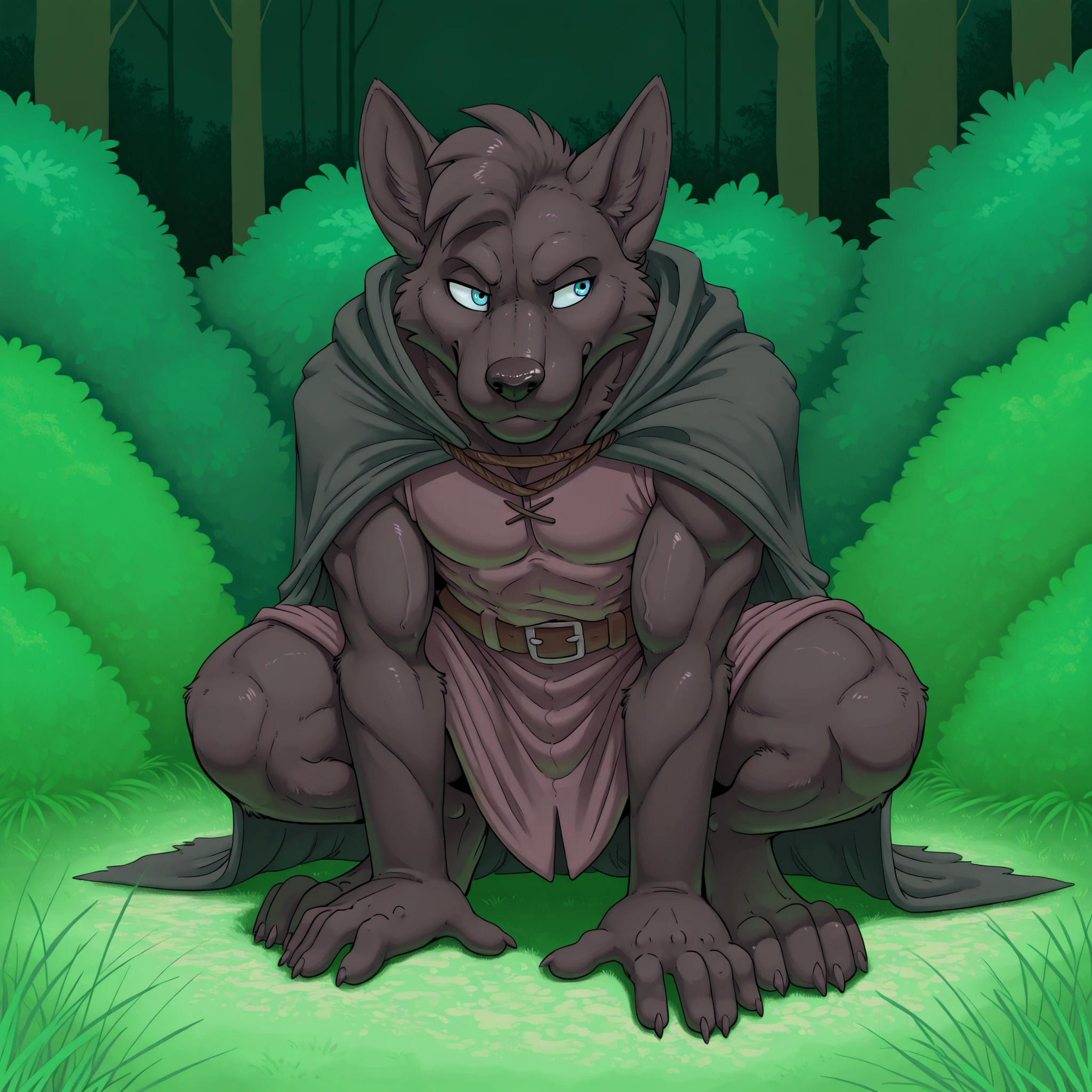 Anthro wolf, 1boy, portrait, face focus, black fur, blue eyes, focused, handsome, young, short hair, muscular male, green forest, dark grey medieval cloak, crouching, hiding among bushes, eyes focused, looking away, black medieval tunic, ready stance, hand on ground, growl, thick green bushes, grass,