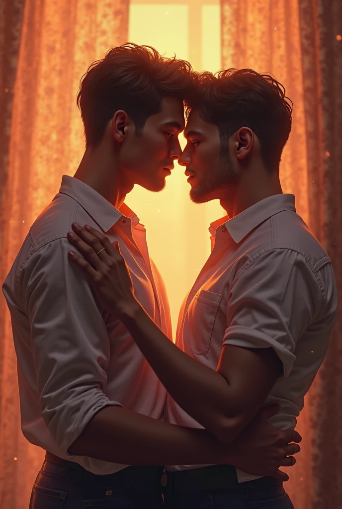 two men, boyfriends, kiss,, flashlight, termplo in the background, body defined, beautiful&lt, oriental, realistic, cinematic, high quality, 16k, best quality, high details, super detail