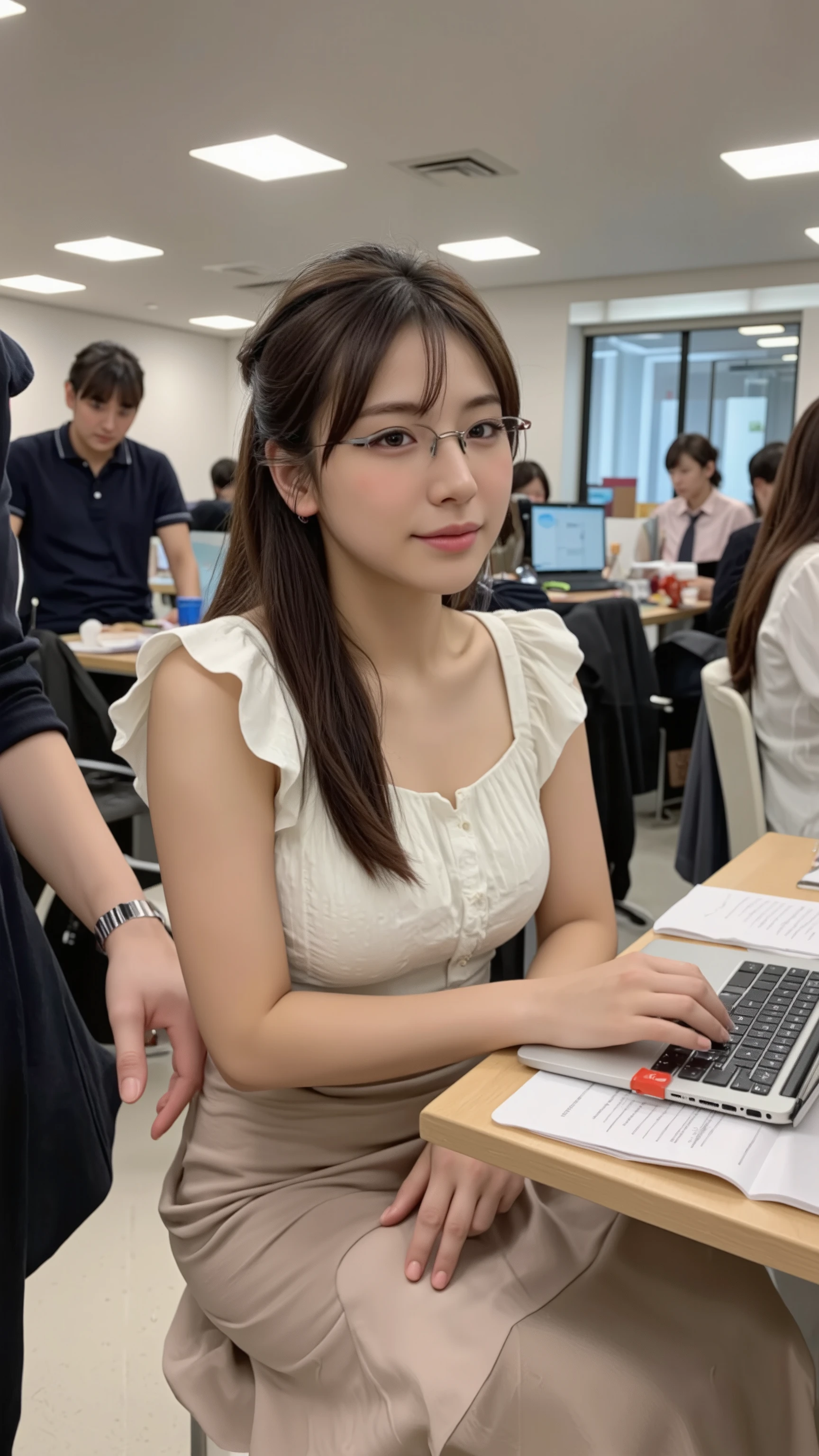 A photorealistic image of a Japanese woman in her 20s sitting at a desk in a busy Tokyo office, working on a laptop. She has long black hair tied back with a hair clip, wears glasses, a white frilled blouse, and a tight-fitting mermaid-line skirt. She looks up with a respectful and attentive expression. The viewer is standing beside her in a slightly elevated position, as if in a teaching or mentoring role, looking down at her. The background is a bustling office with many coworkers working at their desks. The composition emphasizes the teacher-student or mentor-learner dynamic from a slightly over-the-shoulder viewpoint.、胸の谷間、横に立つのは自分自身なので横には画像内では誰も立っていない