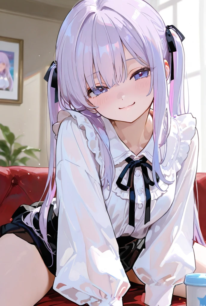 upper body, 1girl, wallpaper, light particles, bed, background, look at viewer, tape gag, purple skirt