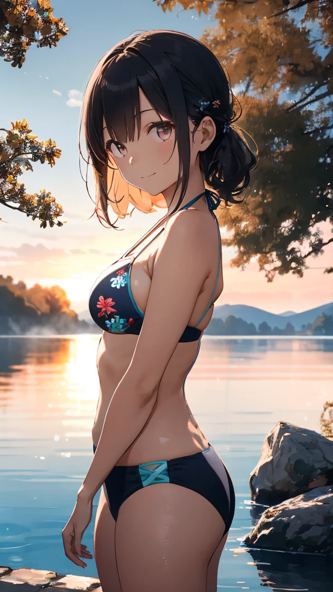 (((ultra high definition))), (((Naoha Kiritani))), masterpiece, best quality, detailed, (1 girl), alone, (超detailed黑眼睛, short hair, permanent: 1.2), Be close to the audience, (sexy swimsuit), (wet, Wet hair :1.2), Happy smile, (Plump breasts, attractive body :1.2), (Put your arms behind your back), water, Sunset, (earring), (cherry blossoms in bloom), Snowy mountains and lake in the background,