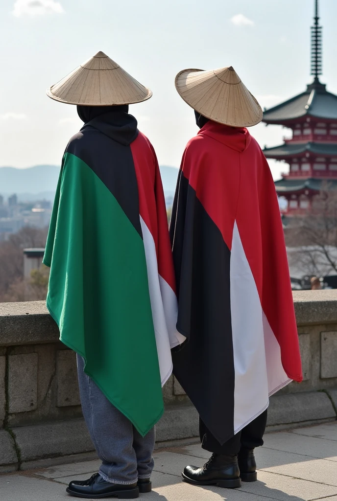 A Pakistan women ,A Japani women and american women visiting sea they walking at bridge of sea wearning there country flag design cloth front pic