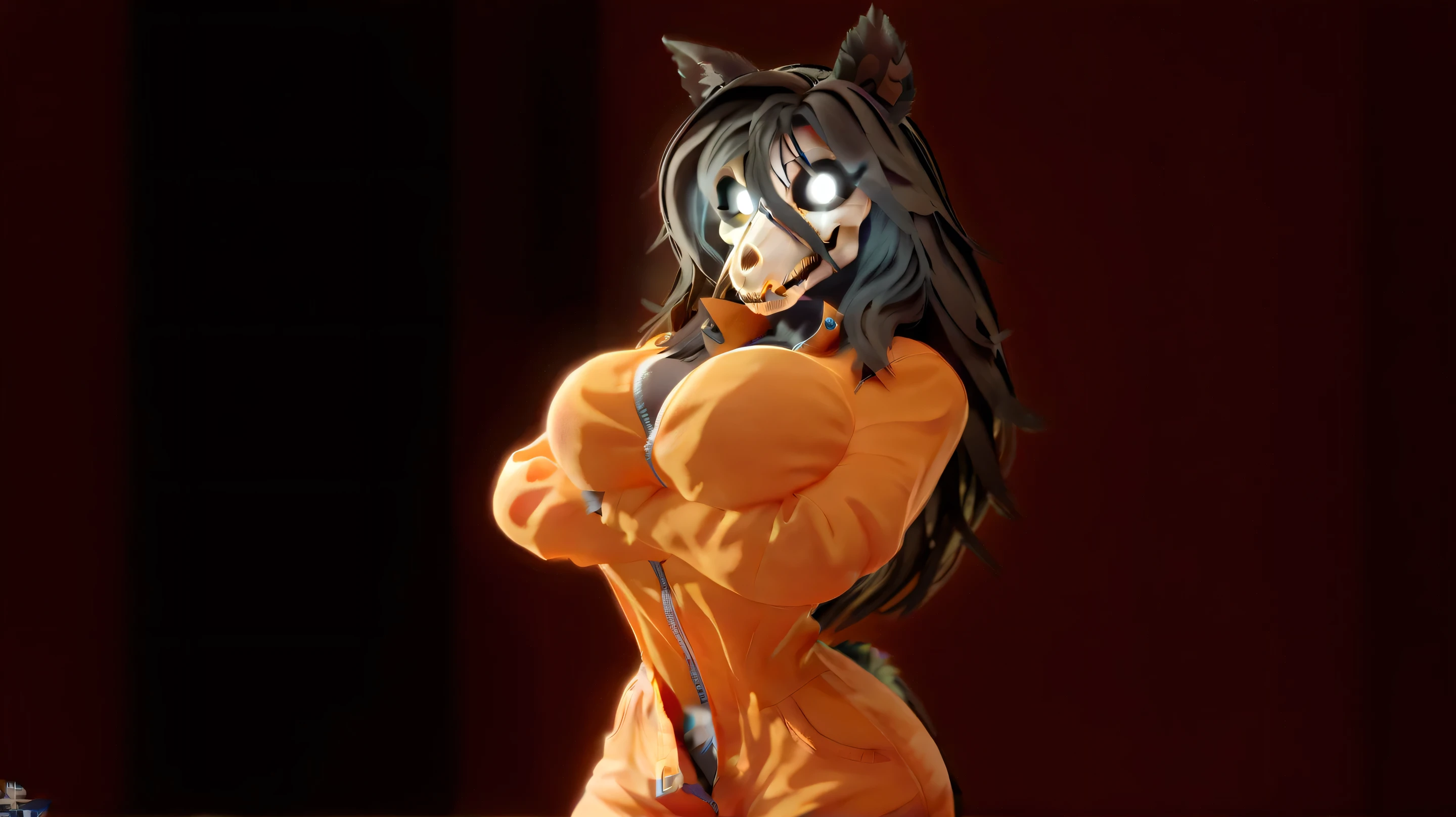 score_9, score_8_up, score_7_up, score_6_up, BREAK, MaloSCPXL, anthro furry, furry female, body fur, black fur, head skull, white eyes, glowing eyes, black sclera, black hair, long hair, hair between eyes, animal ears, black tail, large breasts, unzipped orange jumpsuit, solo, looking at viewer, indoors, blender 3d hoovesart, Standing there disgruntled, SCP Foundation emblem, Crossed her arms, Research facility.