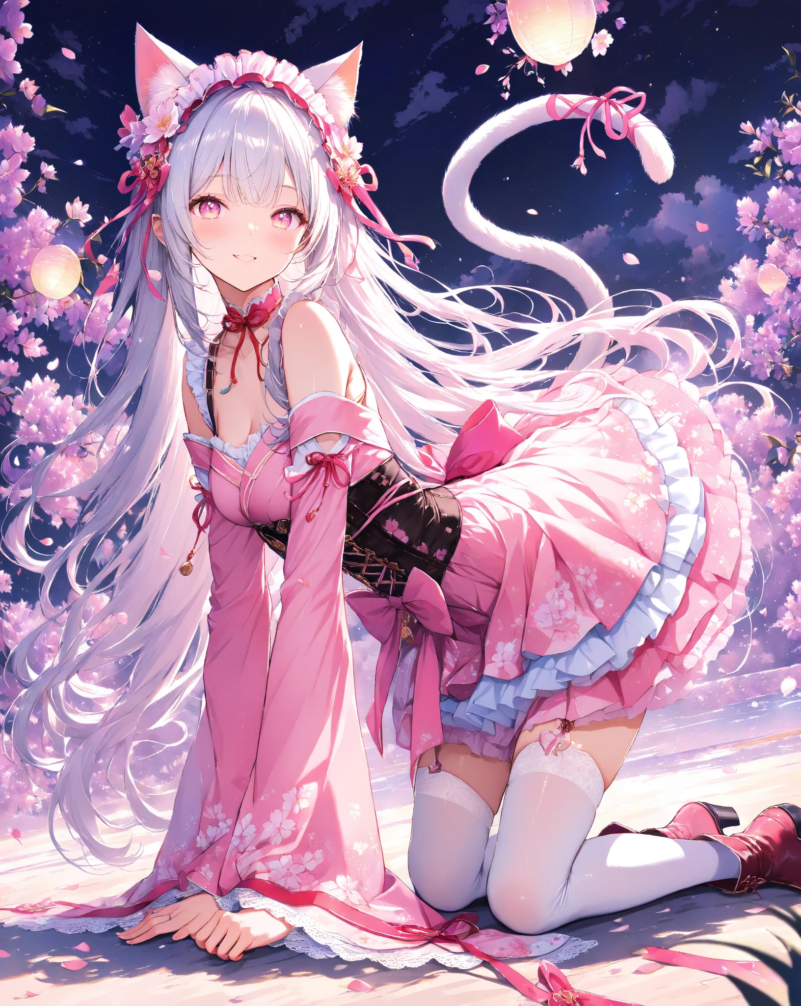 big breasts,突出big breasts,特写big breasts,Wearing maid outfit,blush, surprise,look at me,red pupils,Lace tights,beautiful hair、 beautiful eyes、 beautiful skin、beautiful legs、beautiful arms、perfect fingers、 very cute,white hair, long hair,white cat ears, white cat tail,best quality,high resolution,top quality,Pink bow,slender eyebrows,hair slightly moist,On a very large white bed, white pillows,perfect waist,Skirt has cutouts at the end,Pouting,The clothes are a little wet,little girl,very young,18 years old,shy smile,Long messy white hair tied up,tempting pose,chiaroscuro,bare shoulders,Naked room,slit sleeves,There are a few drops of water on the breast,bare legs,barefoot,Ray tracing,disdainful expression,Beautiful girl alone,Most of the body is exposed,pink miniskirt,Lift up the skirt gently with both hands