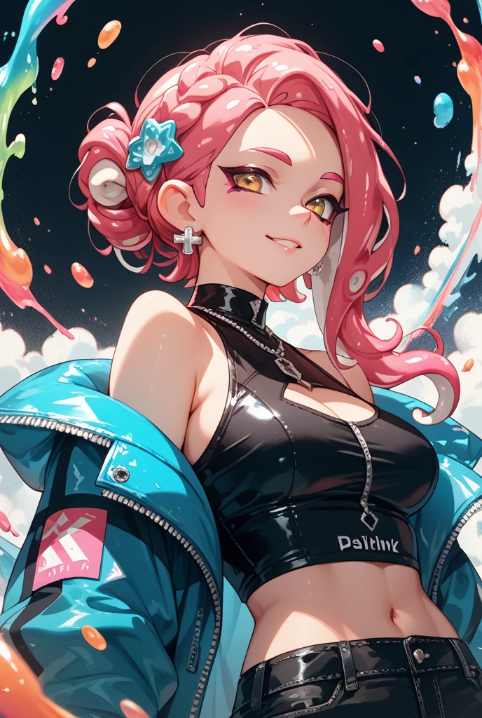(masterpiece、highest quality、Super detailed)、((One girl))、((Pink Hair))、((Twin tails))、((Light blue eyes))、evil smile、((Grin))、Earrings、((Very large breasts))、((Black T-shirt))、((Black Leather Jacket))、((Checked skirt))、edgpskirt、Multiple Chains、Cowboy Shot、City Background