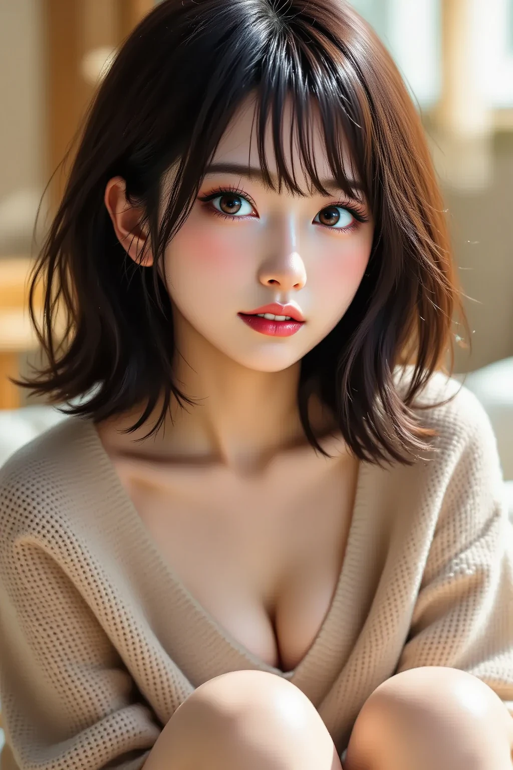 masterpiece, highest quality, one girl, (beautiful girl, delicate girl:1.3), (:1.3), extremely fine-grained clarity, (symmetrical eyes:1.3), (Street view:1.2), (pink fuzzy coat, knit sweater:1.3), small breasts, brown eyes, parted bangs, brown hair, petit girl, (Eye and face details:1.0), (get closer to the face, zoom in on the face, face focus:1.0), perfectly trimmed fingers