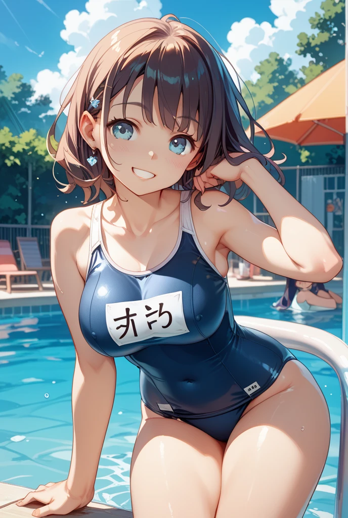 1girl, solo, daiwa scarlet (umamusume), horse ears, twintails, tiara, horse tail, long hair, brown hair, red eyes, one piece pink swimsuit, large breasts, thighs, swimming pool, (soaking wet:1.2), smiling