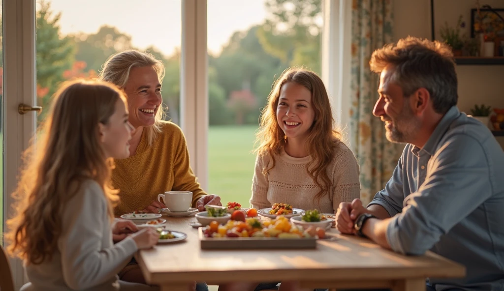 (best quality, masterpiece, realistic photo, 8k, 4k, super high resolution) (real lighting, dynamic lighting) (family dining, 1girl, blonde hair, blue eyes, wavy hair) --v 6