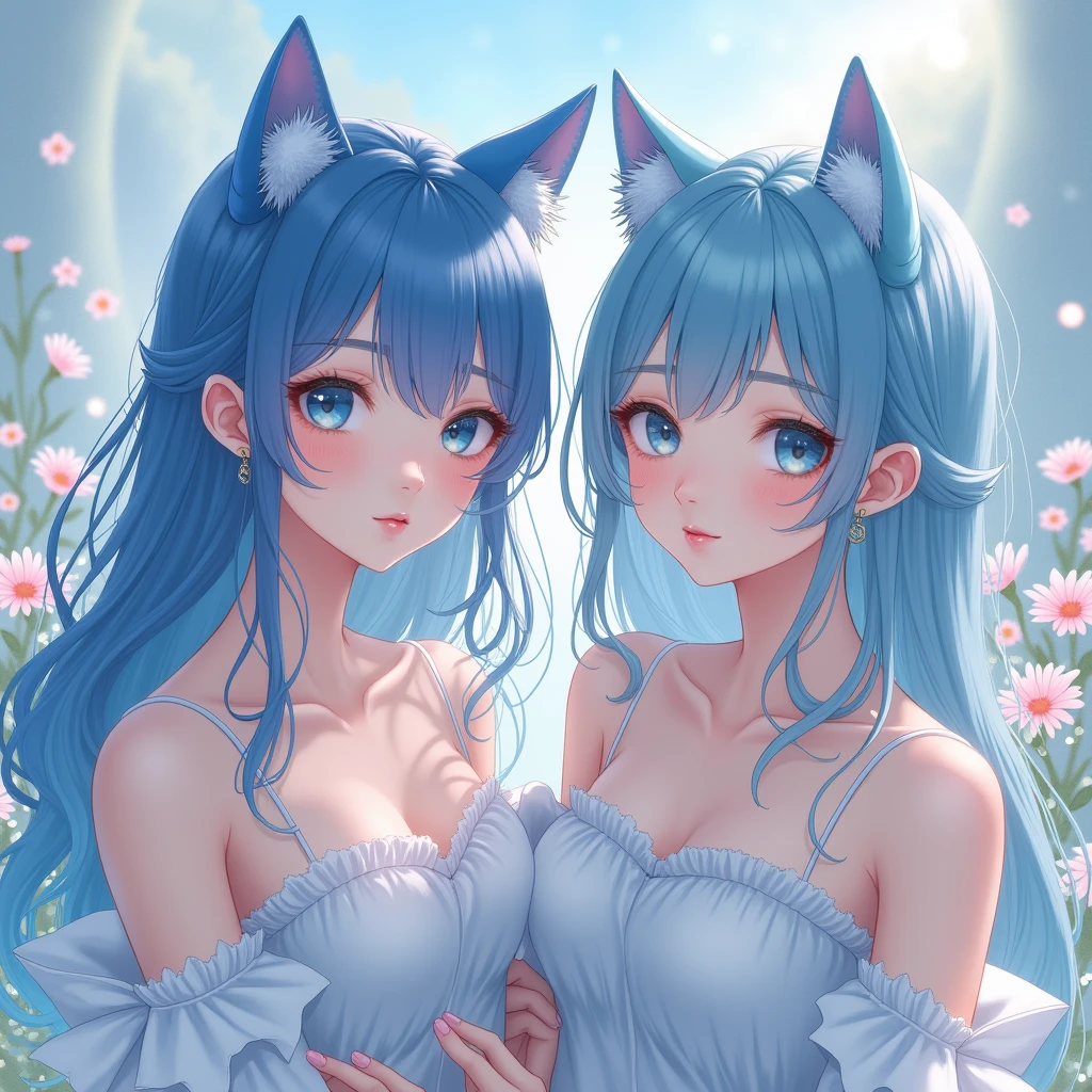 (Best quality1.2、masutepiece)、A stunning、Take a cute cat and cuddle it)、kawaii、Blue hair(rainbow-colored hair)、(Twin-tailed)
