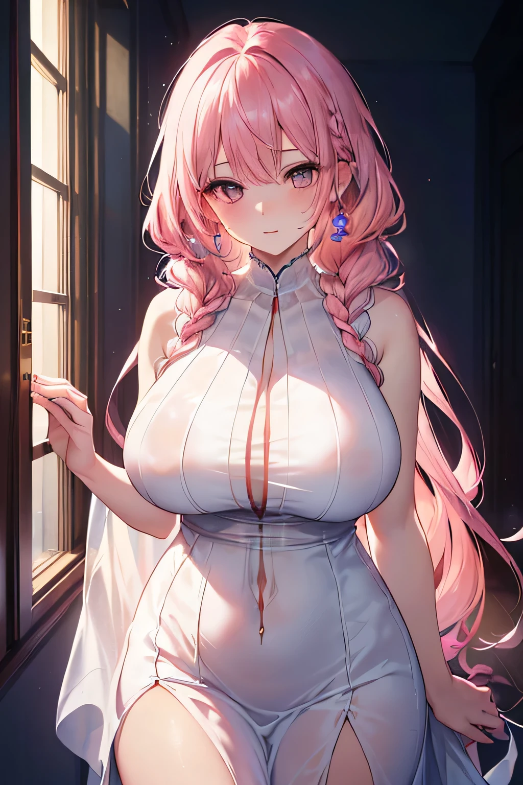 a very beautiful girl, with thigh-length pink hair, golden eyes, white dress, sexy body and big breasts