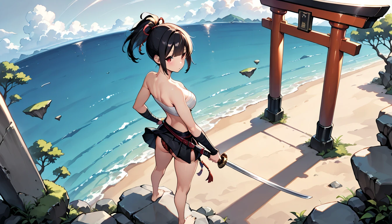 Beautiful Asian girl, 1, mini bikini assassin girls, sexy lady, big breasts, camel toe, little blade in hand, katana sword, หัวนม, นั่งชันเข่า, ยกขาหนึ่งข้าง,