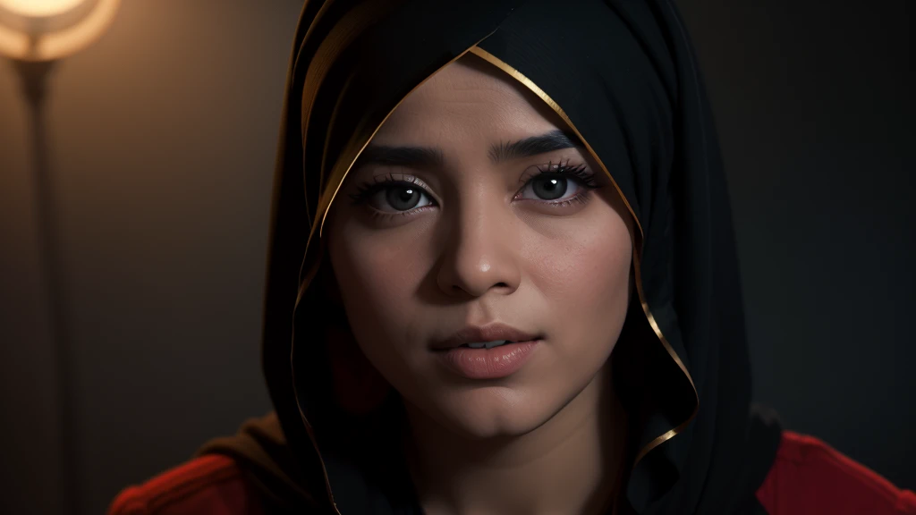 superhero, javanese, (((hijabi))), cleavage, reflection light, chiaroscuro, depth of field, cinematic lighting, ray tracing, Sony FE GM, UHD, super detail, masterpiece, textured skin, high details, best quality, award winning，3D,hdr（HighDynamicRange）,Ray tracing,NVIDIA RTX,Hyper-Resolution,Unreal 5,Subsurface scattering、PBR Texture、post-proces、Anisotropy Filtering、depth of fieldaximum definition and sharpnesany-Layer Textures、Albedo e mapas Speculares、Surface coloring、Accurate simulation octane rendering of light-material interactions、Two-colored light、largeaperture、Low ISO、White balance、the rule of thirds、8K raw data