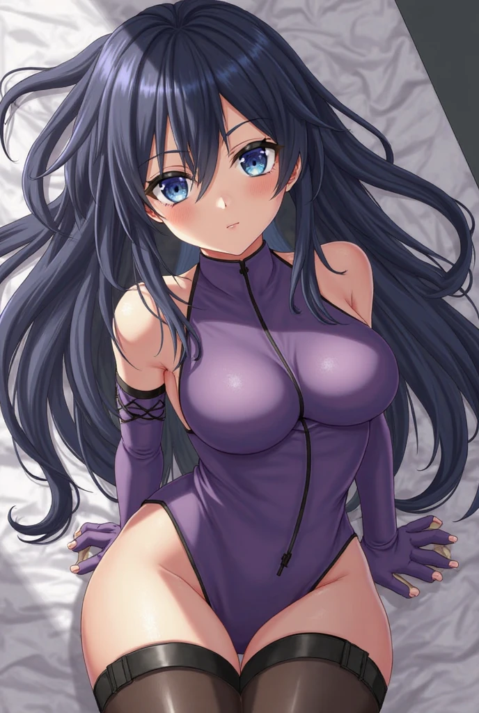 tmasterpiece, High- sharpness, high high quality, 详细的脸, detailed body render, 1girl, 独奏, hyuga hyuga, Hinata wearing apron naked,pink apron,big cleavage breasts,White suspender stockings, Dark lips, no brassiere, breasts out,spread their legs,Lie on the bed with your head resting on your pillow, Be red in the face, (on bedroom)