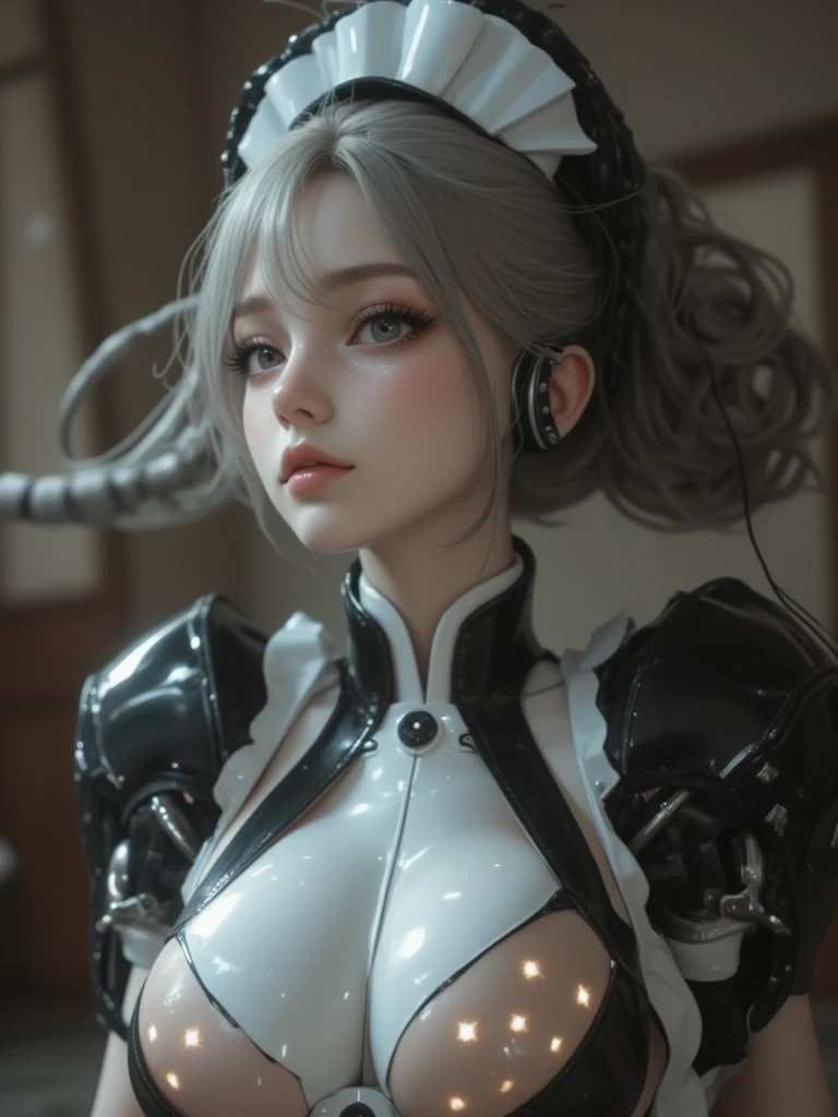 Beautiful Face,face is Japan, 1 Female, Big, Curvaceous, Top Quality, Masterpiece, Ultra Detailed, (Tube Attached Blood Vessel)((Bikini Cyborg Robot Parts)))), (Light Grey Hair), Long Hair, Wavy Hair, Twin Tails, Medium Shot, (((Seductive Smile)), (Black Eyes), Princess Cut,From Below, (whole body ),posing,,in the laboratory,( blood vessel connected to a tube),((mechanical vertebrae attached to the back)),((mechanical neck attached to the neck)),(wire cable attached to the head and body),(character focus),science fiction,