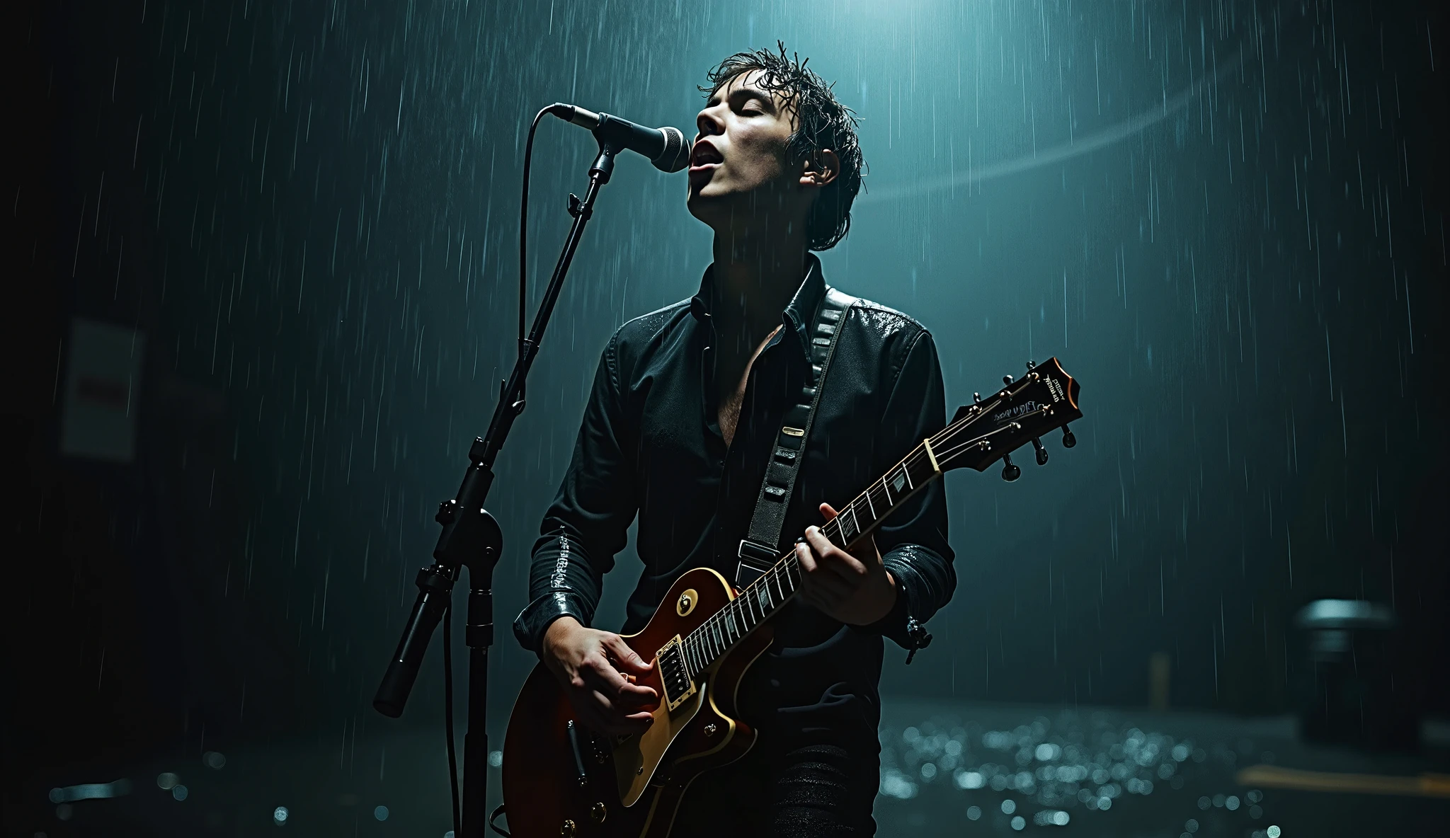 A powerful and cinematic photo of a young male rockstar standing under the rain at night, holding an electric guitar close to his body while singing with raw emotion. He stands slightly angled toward the camera, drenched, his eyes closed as if lost in the music. A soft, moody spotlight cuts through the darkness, casting subtle reflections on the wet ground around him. The black background fades into shadows, while the raindrops and his soaked clothes intensify the dramatic and heartfelt mood. The atmosphere feels heavy, emotional, and deeply melancholic — perfect for a music album cover full of soul and sadness
