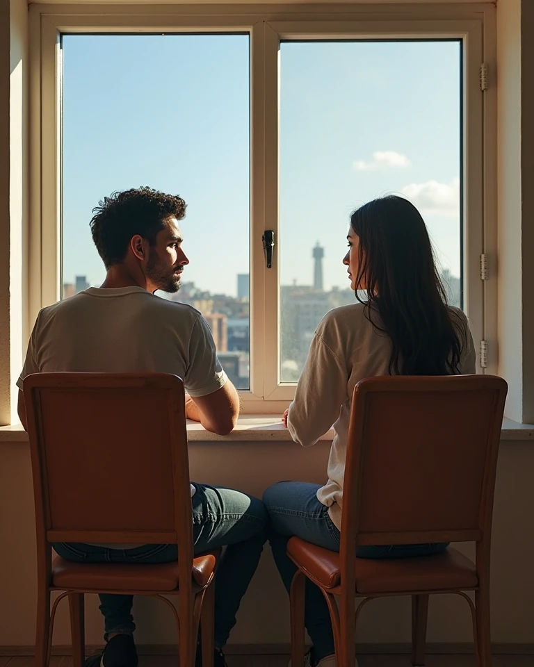 Illustration of a man and woman sitting in profile in a living room with the sun coming through the window, joining back to back. With a sad face and looking down