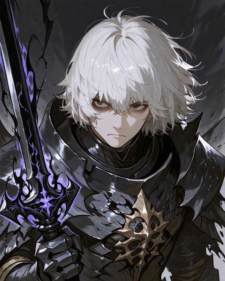 1boy, white boy, white boy, pale skin, ((gray skin)),eighteen years old, white skin, male focus, no wrinkles, (((silver hair)), 【Feature】Black Sclera, green eyes, earring, wearing armor darkness, skull in armor