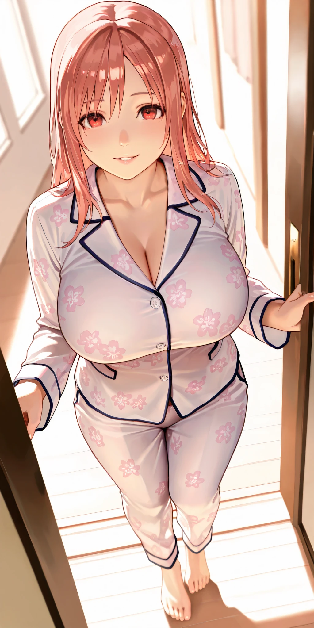 Masterpiece, newest, vibrant, very aesthetic, high contrast, mature woman, honoka\(dead or alive\), parted lips, smile, tall, perfect body, big breast, white pajamas floral motif, bare foot, full body, walking, front of house, best quality, semrealistic, fullmetal alchemist anime style, looking at viewer, view from above