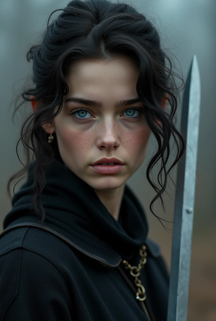 sixteen year old medieval girl with short black hair and pale grey eyes, wearing black leather with a cold expression and holding a knife