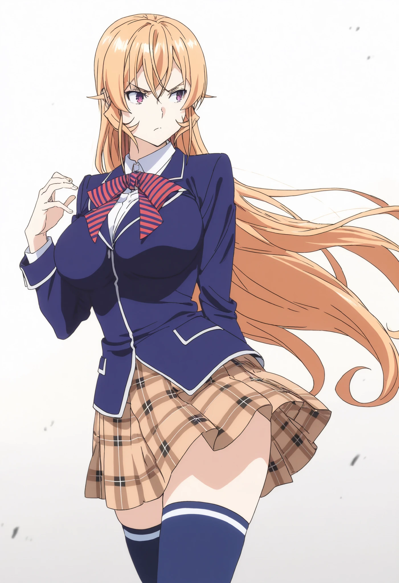 masterpiece,best quality,Nakiri Erina, long hair,blonde hair,hair between eyes,purple eyes,school uniform,blue jacket,blazer,wing collar,red striped necktie,white shirt,collared shirt,long sleeves,large breasts,,mini brown plaid skirt,blue thighhighs,, standing