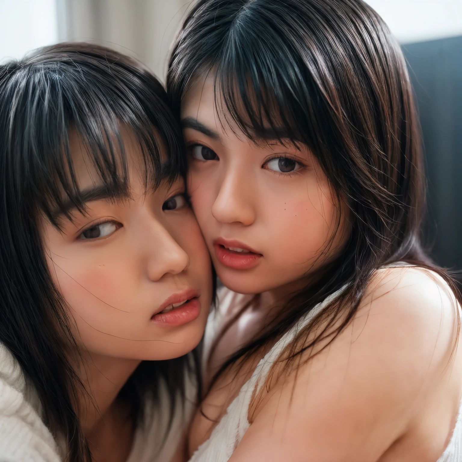 (Realistic, photo-Realistic), (masterpiece, Highest quality), RAW Photos, High resolution, Intricate details, Very detailed, Cinema Lighting, (Couple, The two girls are sisters:1.8), break, One person, Japanese women, (Small breasts, Flat Chest, Small bust size:1.8), skinny, thin, Black Hair, bangs, ponytail, hair ornaments, Hair Scrunchie, (Makes your face smaller:1.2), Detailed face, Beautiful attention to detail, Refined nose, Pale skin, Fine skin, Sweaty, Glowing Skin, Earrings, necklace, jewelry, break, (One person, An 8-year-old Japanese woman wearing lingerie:1.5), break, (Couple hugging each other, kiss:1.8), Photo Background, indoor, Home, ((((Completely naked)))),(((nsfw)))