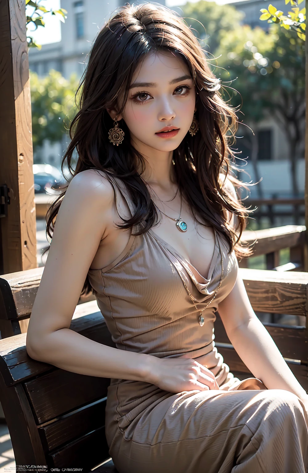 Bathed in the soft, diffused light of a sunlit garden, the camera captures a hot anime woman reclining on a weathered stone bench, surrounded by cascading blooms of vibrant colors. With a coy smile playing on her lips, she plucks a rose from a nearby bush, the warm sunlight accentuating the delicate features of her face as she gazes into the distance.