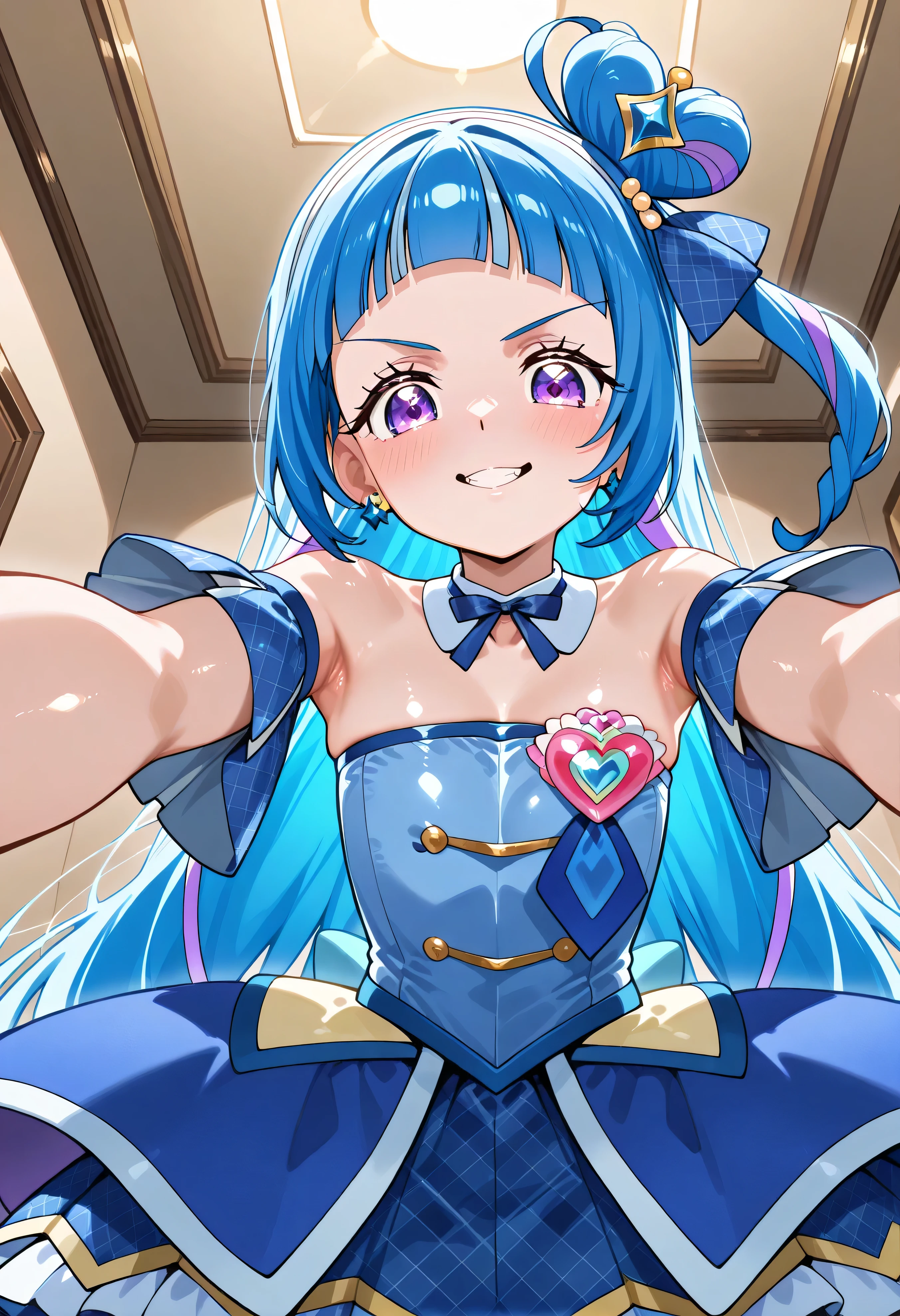 、 Look Down、from below、 break、Cure Wink、cure winks 、Idol Kimi and Idol Pretty Cure Blue Hair、Magical Girl、 mini crowns、purple eyes, blue dress ,slanted hat,very long hair,Dull bangs,bare shoulder,headband,other rooms,,nsfw,evil grin,NSFW for shiny skin