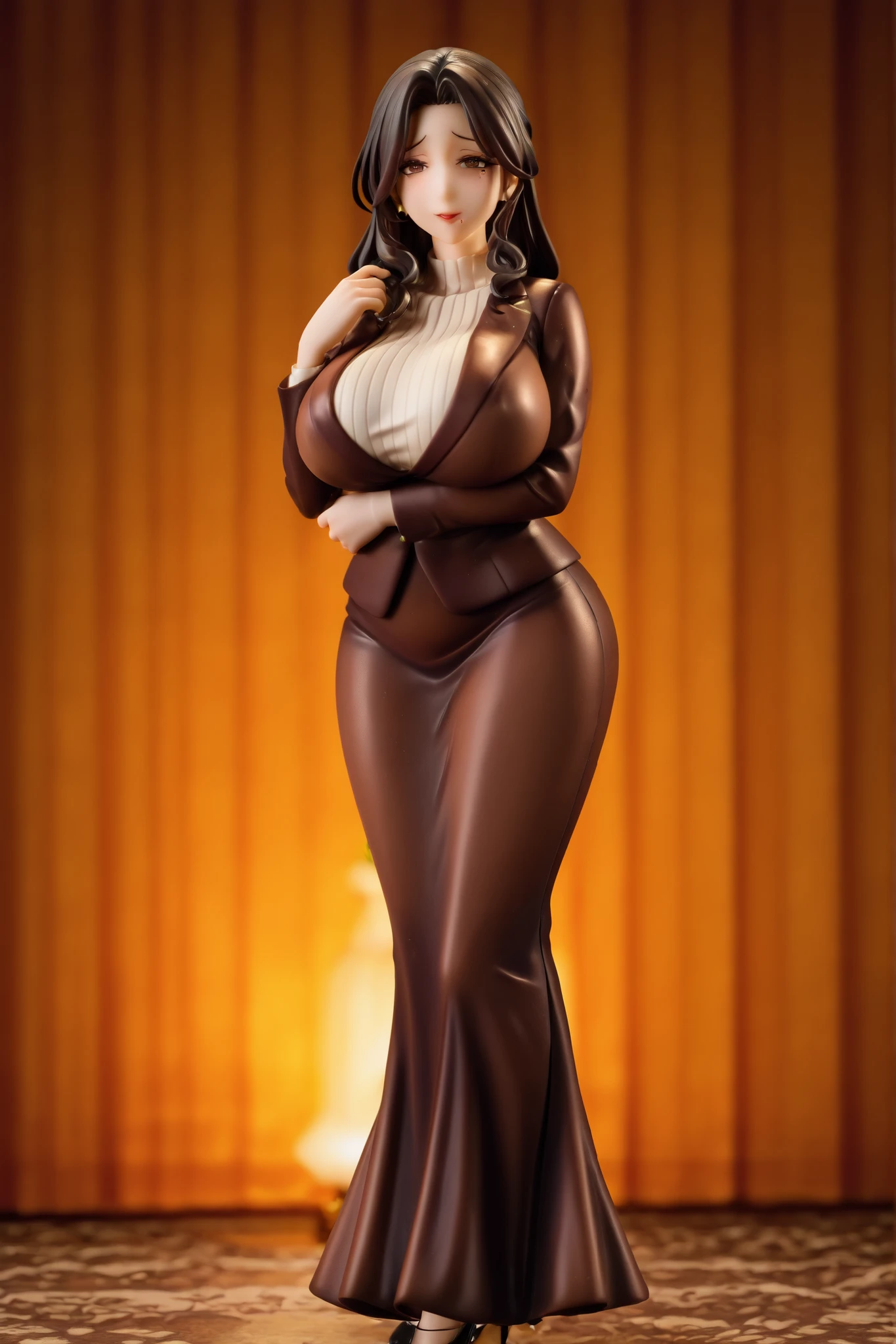   1girl, mature woman, milf, Middle-aged woman, elegant,   soft smile  , warm personality,  Classy  ,   golden circuit  , behave decently, ultra detailed,  high quality , soft lighting, long dark hair,  Smooth long Hair , parted bangs, natural waves, manicured ,  middle part , slightly wavy, firm face look, soft lips  , glossy lips, warm brown eyes, slightly raised eyebrows,  delicate makeup ,  natural beauty , soft smile  , looking warmly, slightly tilting head,  huge breast, fullbody, heels, 