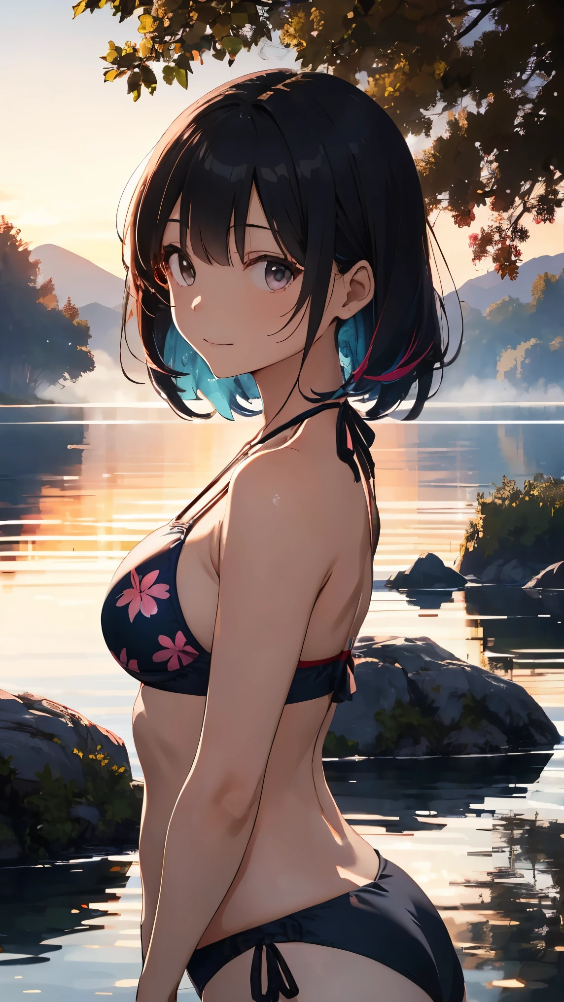 (Highest quality:1.4、masterpiece:1.4、Super detailed:1.4、8K:1.4)、F cup bust、Big Breasts、Slim body、((((1 person、Surprised expression、sit、In the background are the urban buildings of Tokyo、looking at the camera、Outdoor café terrace、Sunset Beach、Navy hair color、Shooting from a distance、juice、table、sunset、Very cute face))))、(Pose with hands tucked behind ears:1.4、Cheek resting on hand:1.4)、((nude、Areola、bikini size too small))、A completely cloudless sky、Big eyes、((((Shallow depth of field))))