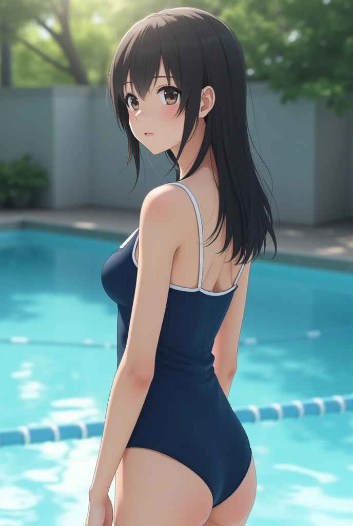A cute Japanese idol-type woman wearing a navy blue swimsuit, standing by the pool with a shy expression, cute, sexy, beautiful woman, beautiful woman, Japanese beautiful woman, black hair in a ponytail, directing her gaze, Real Stick